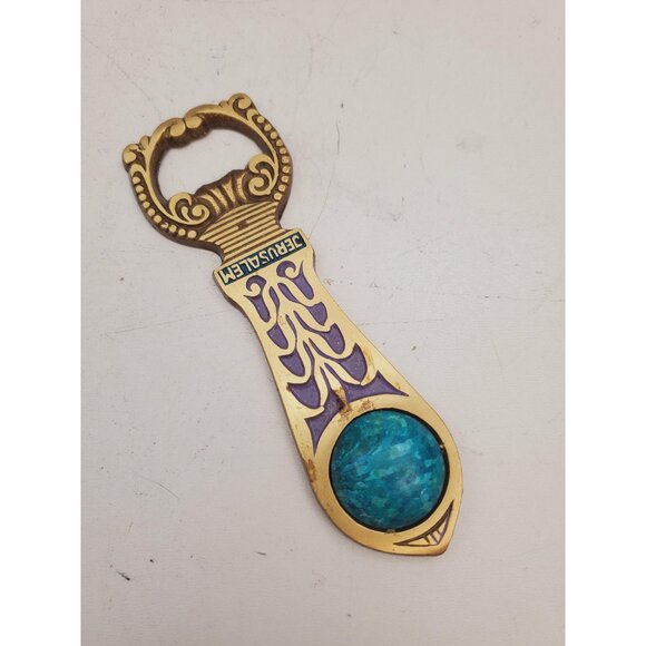 vintage , Jewish Bottle Opener, French and Hebrew Inscription, Bronze, Turquoise - Picture 1 of 10